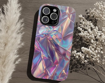 Iridescent Holographic Foil Look Phone Case, Pastel Metallic Abstract, Double Layer Protective Tough Cover Rainbow Crumpled Chrome Aesthetic