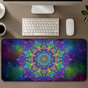 Vibrant Rainbow Mandala Desk Mat, Boho Large Mouse Pad, Spiritual Bohemian Office & Gaming Accessory, Sacred Geometry, Neon Art Home Decor
