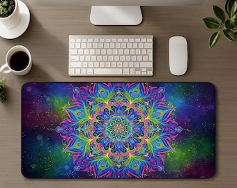 Vibrant Rainbow Mandala Desk Mat, Boho Large Mouse Pad, Spiritual Bohemian Office & Gaming Accessory, Sacred Geometry, Neon Art Home Decor