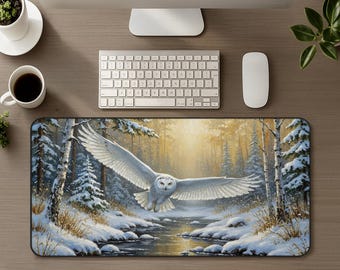 Snowy Owl Winter Forest Large Desk Mat, White Snow Arctic Owl Mouse Pad, Nature Lover Wildlife Art Landscape Office Gaming Mousepad Gift