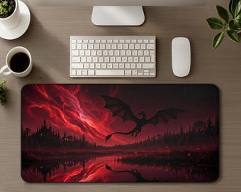 Dragon Fantasy Desk Mat, Epic Large Gaming Mouse Pad, Landscape Dark Red Gothic Castle Decor Aesthetic, Gamer Setup Extended Mousepad Gift