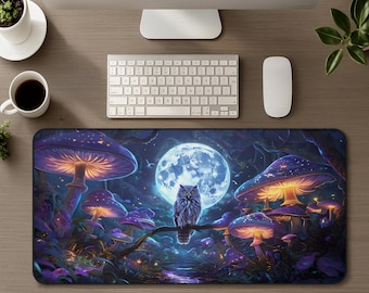 Enchanting Moonlit Owl Glowing Mushroom Forest Desk Mat, Magical Mystical Enchanted Fantasy Mouse Pad, Glowing Moon Gaming Mousepad Gift