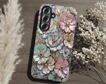 Schimmernde, robuste Handyhülle mit floralem Muster, Perlmutt-Blumenmuster in Gold-Chic, Schutzhülle für iPhone, Samsung Galaxy und Pixel – das perfekte Geschenk!