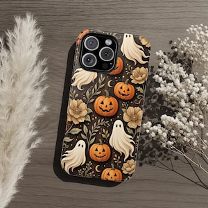 Rustic Halloween Tough Phone Case, 3D Look Ghosts Pumpkins Unique Spooky Floral Cottagecore, iPhone Samsung Galaxy Pixel Fall Aesthetic Gift