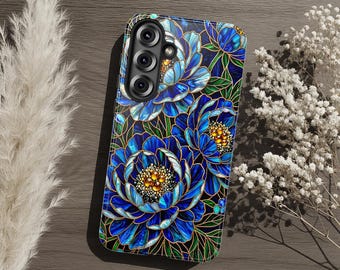 Robuste Handyhülle mit blauem Blumenmuster, saphirblauer Blumen-Print, Mosaik-Gartenkunst in Juwelentönen, elegantes Vintage-Geschenk für Ihre Mutter