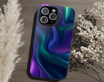 Iridescent Look Fluid Swirls Abstract Art Tough Phone Case, Galaxy iPhone Pixel Cover, Purple Blue Teal Green Magenta Waves Gemstone Colors