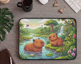 Laptoptasche mit Capybara-Motiv, niedliche tropische Tablet-Hülle, Computerhülle mit Dschungeltiermotiv, Tragetasche mit Wildtiermotiv, Kawaii-Naturgeschenk für Kinder und Schüler