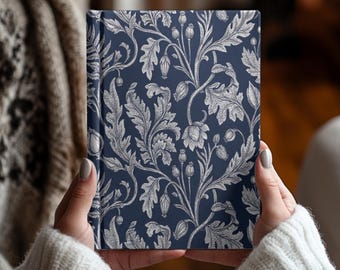 Vintage Notizbuch mit marineblauem Blumenmuster, Hardcover, Boho-Cottagecore-Tagebuch mit botanischen Motiven, liniertes Dankbarkeitsbuch, Geschenk für Naturliebhaberinnen