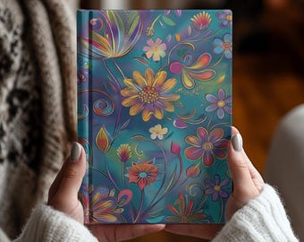 Boho Rainbow Floral Hardcover Journal Notebook, Colorful Botanical Aesthetic Writing Diary, Lined Gratitude Book Everyday Journaling Notes