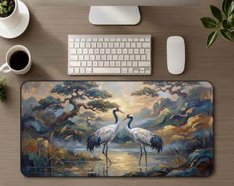 Schreibtischunterlage mit japanischem Rotkronenkranich-Motiv, XL-Gaming-Mauspad mit Wildtiermotiv, Zen-Motiv mit Natur- und Wasservogelmotiv, Schreibtischdekoration, Geschenkidee für PC-Mauspad
