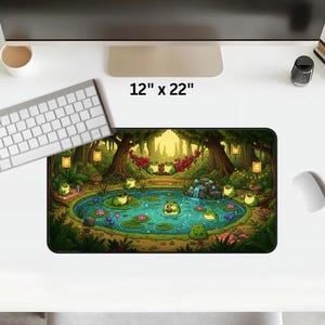 Cottagecore Frog Pond XL Desk Mat, Gaming Mouse Pad Home Decor, Cute Frogs Pool Party Nature Mousepad, Lush Green Forest Aesthetic Gift image 7