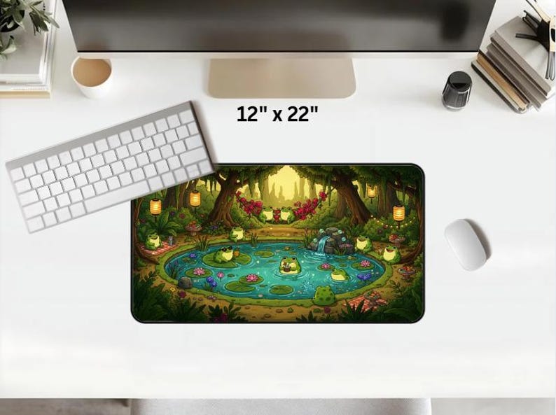 Cottagecore Frog Pond XL Desk Mat, Gaming Mouse Pad Home Decor, Cute Frogs Pool Party Nature Mousepad, Lush Green Forest Aesthetic Gift image 7