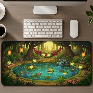 Cottagecore Frog Pond XL Desk Mat, Gaming Mouse Pad Home Decor, Cute Frogs Pool Party Nature Mousepad, Lush Green Forest Aesthetic Gift image 1