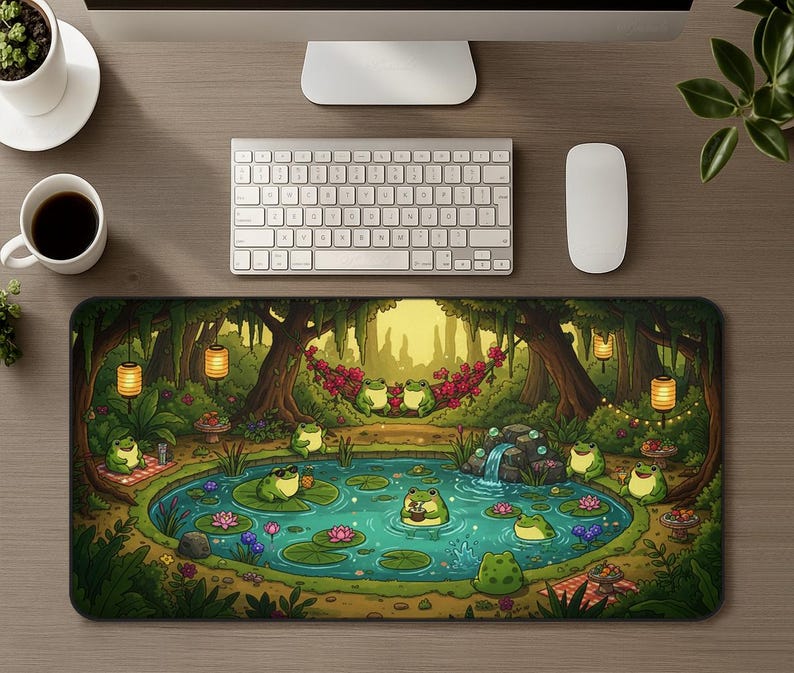 Cottagecore Frog Pond XL Desk Mat, Gaming Mouse Pad Home Decor, Cute Frogs Pool Party Nature Mousepad, Lush Green Forest Aesthetic Gift image 1