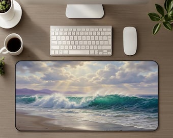 Coastal Beach Desk Mat, Ocean Wave Art Large Mouse Pad, Sea Lover Aesthetic Decor Deskmat, Nautical Print Home Office Gaming Mousepad Gift