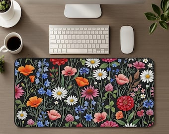 Wildflower Art Large Desk Mat, Boho Floral Mouse Pad Office Decor, Botanical Cottagecore Nature Deskpad, Home Office Mousepad Flower Gift