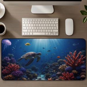 Underwater Coral Reef Desk Mat, Sea Turtle Marine Life Ocean Mouse Pad XL, Gaming Mousepad Desk Decor, Nautical Maritime Living Gift Idea