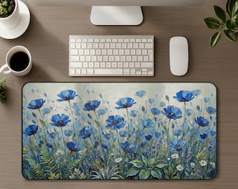 Blue Poppies Floral Desk Mat, Flower Aesthetic Large Mouse Pad, Office Desk Decor, Gaming Keyboard Mousepad, Botanical Home Workspace Gift