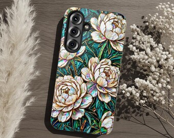 Robuste Handyhülle mit Pfingstrosenmuster in Buntglasoptik, türkisfarbenes, schimmerndes Blumenmuster, Schutzhülle mit weißer Blumenoptik – das perfekte Geschenk für Naturliebhaberinnen