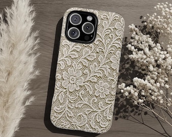 Vintage Ivory Floral Lace Tough Phone Case, Cute Neutral Boho Dual Layer Protective iPhone Samsung Galaxy Google Pixel Cover Elegant Gift