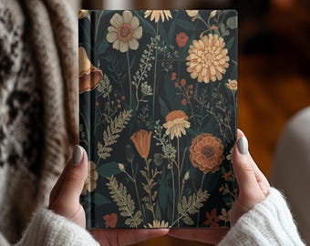 Dark Botanical Floral Hardcover Journal Notebook Writing Diary, Boho Cottagecore Lined Gratitude Book for Everyday Journaling Notes, Gift