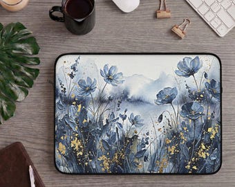 Laptop-Hülle mit blauem Aquarellblumenmuster, Tablet-Hülle mit Wildblumenmuster, Botanische Computerhülle, Tragetasche „Goldene Wiese“, Geschenk für Naturliebhaberinnen – Mama