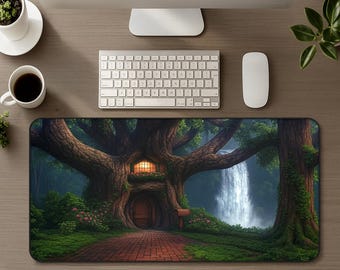 Cottagecore Tree House Desk Mat, Fairy Tale Fantasy Forest Treehouse Mousepad, Enchanted Mystical Woodland Waterfall Mouse Pad Decor Gift