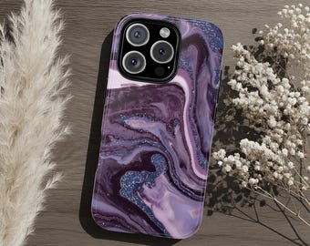 Elegant Purple Marble Look Tough Phone Case, Glitter-Look Swirl Luxe Design iPhone Samsung Galaxy Google Pixel Cover, Chic Minimalist Gift