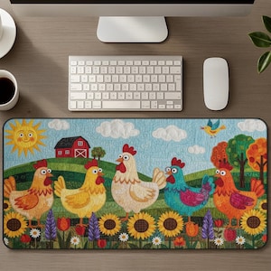 May include: A rectangular desk mat featuring a colorful farm scene with five chickens standing in a field of sunflowers. The background includes a red barn, a bright yellow sun, and rolling green hills under a light blue sky with white clouds.