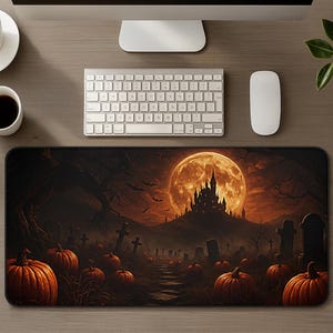 Pode incluir: Tapete de mesa retangular com tema de Halloween. A imagem mostra uma cena de cemitério com abóboras, um castelo e uma lua cheia. A paleta de cores inclui laranja, preto e castanho. O tapete foi projetado para caber sob um teclado e um mouse.