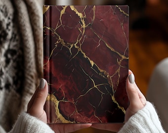 Notizbuch mit roter Marmoroptik und goldener Ader, luxuriöses, modernes und minimalistisches Schreibtagebuch, elegantes Notizbuch mit Linien – das perfekte Geschenk für Dankbarkeitsnotizen