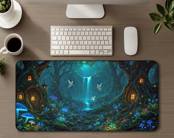 Mystic Fairy Forest Desk Mat, Mystical Glowing Mushrooms, Enchanted Trees, Magical Waterfall Fantasy XL Cute Fairycore Artistic Mouse Pad