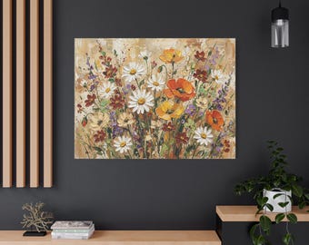 Bold Floral Canvas Wall Art Painting, Large Wildflower Print, Flower Botanical Bouquet, Boho Living Room Decor, Rustic Farmhouse Home Gift