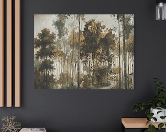 Leinwanddruck mit Waldmotiv, Naturlandschaft-Dekoration, Wanddeko mit neutralen Bäumen, großes rustikales Wandbild, Geschenkidee mit Waldmotiv, moderne erdige Kunst