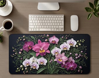 Schreibtischunterlage mit Orchideenmuster, pink-lila botanisches Mauspad, süßes dunkles Cottagecore-Blumenmuster, feminines Geschenk für Pflanzenliebhaberinnen und Mamas – perfekt für Gaming-Arbeitsplätze.