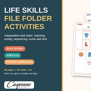 Könnte beinhalten: Life Skills File Folder Activities Lernset mit 36 Aktivitäten für Kinder von 5-12 Jahren. Enthält 45 Seiten in US Letter und A4 Formaten für Zuordnungs-, Sortier- und Sequenzierungsaufgaben mit illustrierten Symbolen für Kleidungsstücke.