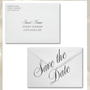 May include: Two white A7 envelopes with black ink printing. One envelope shows a sender address and a guest name with address. The other envelope features the text Save the Date in a script font. The text CUSTOM PRINTED AND ADDRESSED ENVELOPES and WHITE A7 ENVELOPES WITH BLACK INK SETS OF 10 is visible.