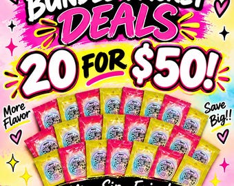 May include: A promotional graphic featuring the text BUNDLE PACKET DEALS 20 FOR $50! More Flavor and Save Big!! with the text Mix • Sip • Enjoy! at the bottom. The image displays twenty small, rectangular, clear plastic packets with labels.