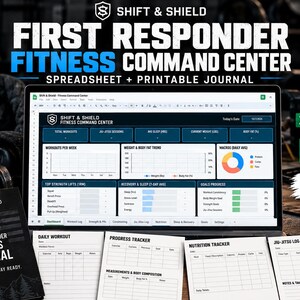 Peut inclure: Un centre de commande de fitness numérique sous forme de feuille de calcul et journal imprimable pour les premiers intervenants. L'écran affiche le suivi des entraînements, la force, la nutrition et les données de récupération.