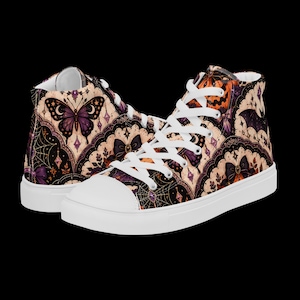Vintage Bat Pattern High Top Sneakers, Whimsigoth Canvas Lace Up Shoes, Creepy Cute Gothic Boots, Alternative Streetwear Gift for Women