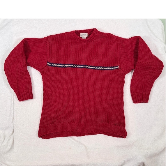 J.Crew, Vintage JCrew Hand Knit 100% Wool Sweater Small Red Navy Stripe Chunky Crewneck