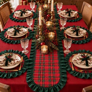 Christmas Plaid Table Runner and 6 Placemats Set, Red Tartan Dining Table Decor, Green Ruffle Trim, Christmas Table Setting
