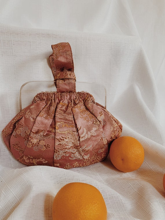 1940s vintage asian lucite pink silk wristlet bag