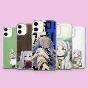 May include: Five clear smartphone cases featuring anime-style illustrations of a long-haired elf character with pointed ears. The designs include various poses of the character in a white and gold outfit against green, brown, and blue backgrounds.