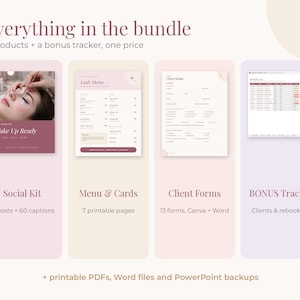 May include: A digital bundle featuring a social kit with 15 posts and 60 captions, a lash menu with 7 printable pages, 13 client forms in Canva and Word, and a bonus client rebooking tracker. The text includes Everything in the bundle.