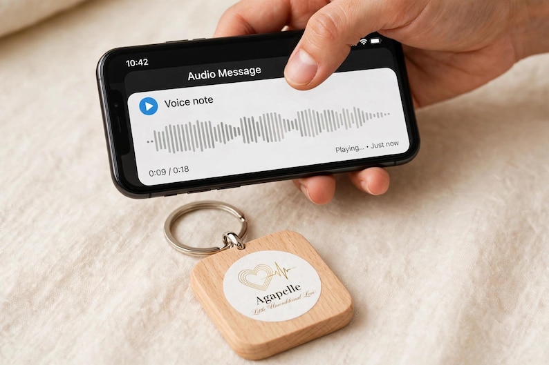 Voice Message Waveform NFC Voice Message Keychain | Personalized Wooden Tap to Play Audio Gift ...