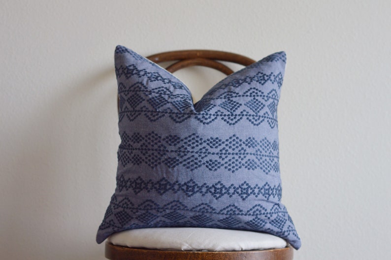 light Denim Blue Navy Embroidered Woven Geometric Stripe Pattern Pillow Cover Natural Linen Neutral Boho Modern Earthy Home Decor 18x18