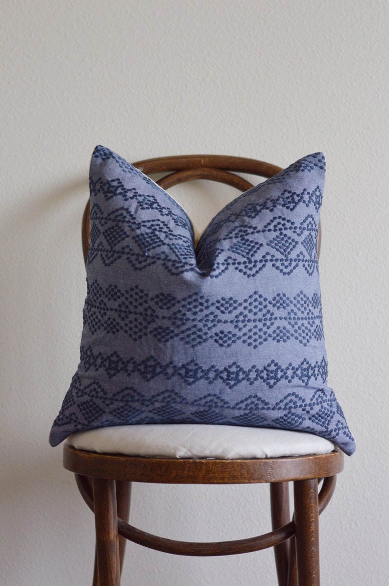 light Denim Blue Navy Embroidered Woven Geometric Stripe Pattern Pillow Cover Natural Linen Neutral Boho Modern Earthy Home Decor 18x18