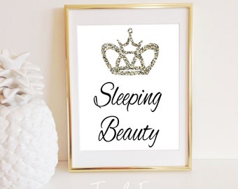 Sleeping Beauty Print, Instant Digital Download, Crown, Nursery, Bedroom, Office Decor, Gold Glitter, 8x10, Gallery Wall Display