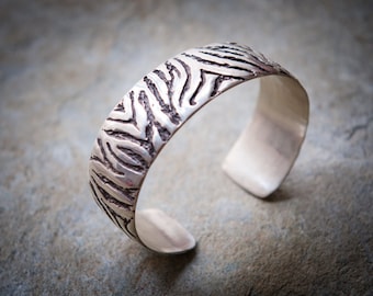 Handmade Sterling Silver Tiger Print Cuff Bracelet, Wide Animal Bangle